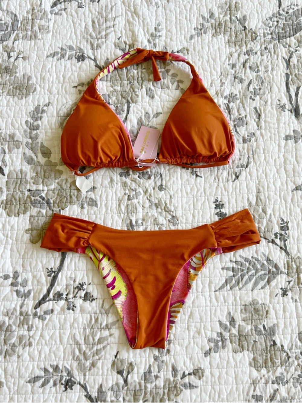 San Lorenzo NWT Pepeiao Wai Reversible Bikini in Rust Orange and Pink • L - Picture 2 of 8
